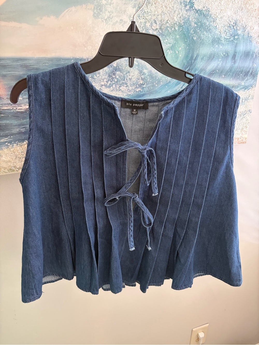 RARE Blu Pepper Blue Sleeveless Tie-Front Pleated Top